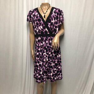 Merona Dress Womens Size Large Purple Black Floral Short Sleeve V-Neck Stretchy